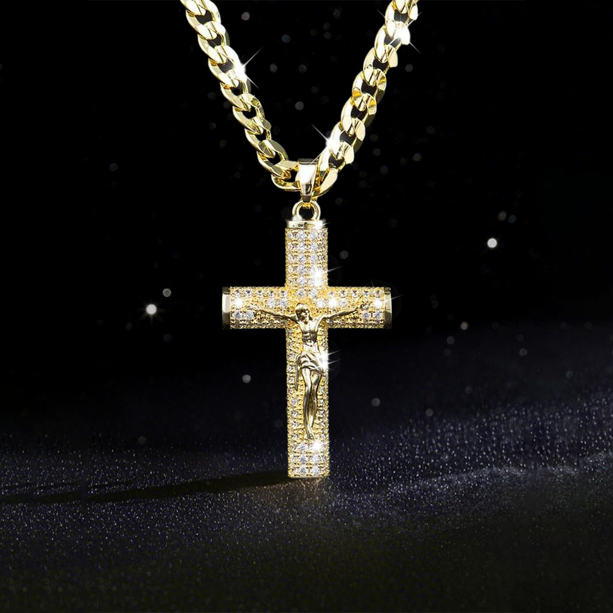 Cross Pendant Necklace Gold - สร้อยคอไม้กางเขนชุบทองสำหรับผู้ชาย เทคโนโลยีนาโนขั้นสูง ป้องกันการหมองคล้ำ พร้อมจี้พระเยซูตรึงกางเขน ดีไซน์แบบ Cuban