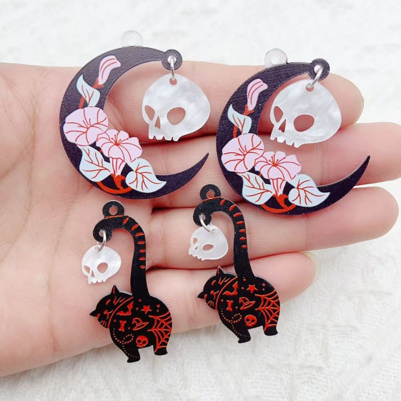 Earrings - 10 ชิ้น จี้อะคริลิคฮาโลวีน รูปผี แมวดำ หัวกะโหลก