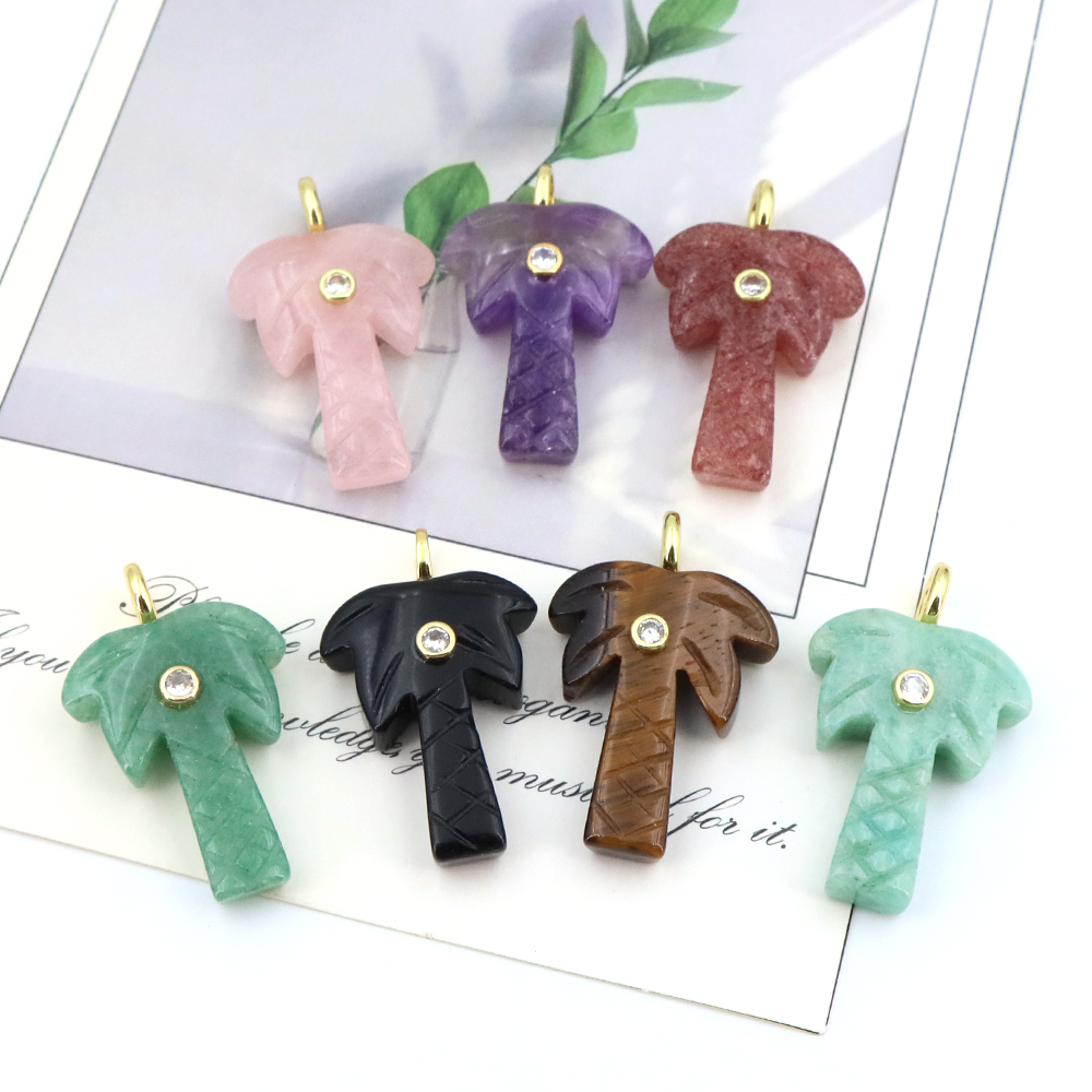 Crystal Pendant Necklace Natural Stone - จี้รูปต้นมะพร้าวหินธรรมชาติประดับด้วยคริสตัลเพทายสำหรับทำเครื่องประดับ งานฝีมือ DIY อุปกรณ์เสริมสร้อยคอ