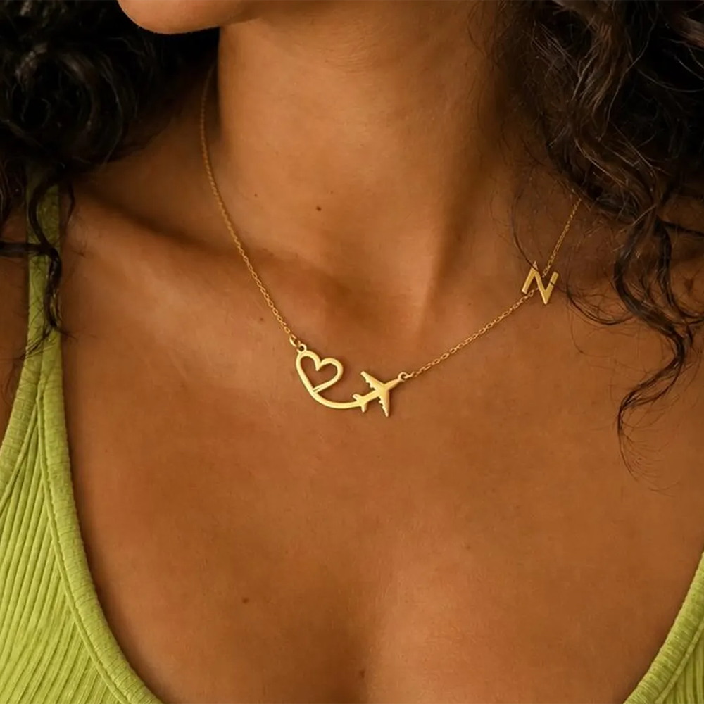 Custom Name Necklace Stainless Steel - สร้อยคอจี้รูปเครื่องบินรูปหัวใจแบบกำหนดเองได้สำหรับผู้หญิง สร้อยคอจี้ตัวอักษรสแตนเลสสตีล ของขวัญวันเกิดวันคริสต์มาสสำหรับคุณแม่