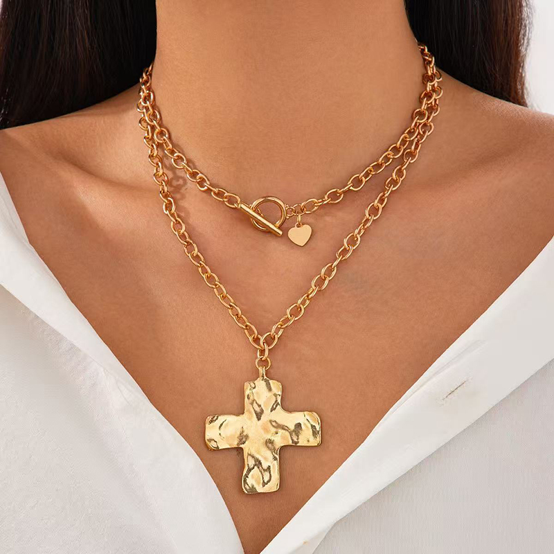 Cross Pendant Necklace Gold - สร้อยคอทองคำชุบแบบหนา ดีไซน์กากบาท สำหรับผู้หญิง สร้อยคอจี้กากบาทแบบซ้อนกัน สไตล์โดดเด่น กำลังขายดี