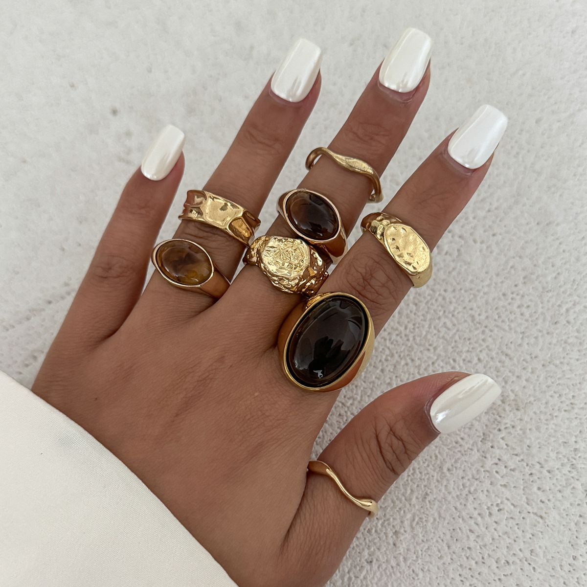 Vintage Punk Knuckle Rings Set - แหวนนิ้วโลหะประดับพลอยสีเหลืองอำพันสไตล์วินเทจ 8 ชิ้น/ชุด สำหรับผู้หญิง แฟชั่นพังก์ ฮิปฮอป