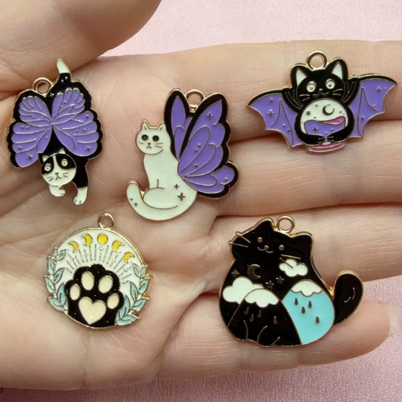 Earrings - 10 ชิ้น จี้รูปผีเสื้อและแมวสไตล์เกาหลี อุปกรณ์ตกแต่งเครื่องประดับ จี้เคลือบน้ำมัน ต่างหู