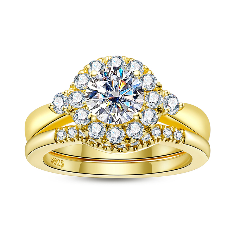 Moissanite Engagement Ring 1 Carat - ชุดแหวนหมั้นสีทองสำหรับผู้หญิง เงินแท้ 925 ประดับเพชรโมอิสซาไนต์ 1 กะรัต