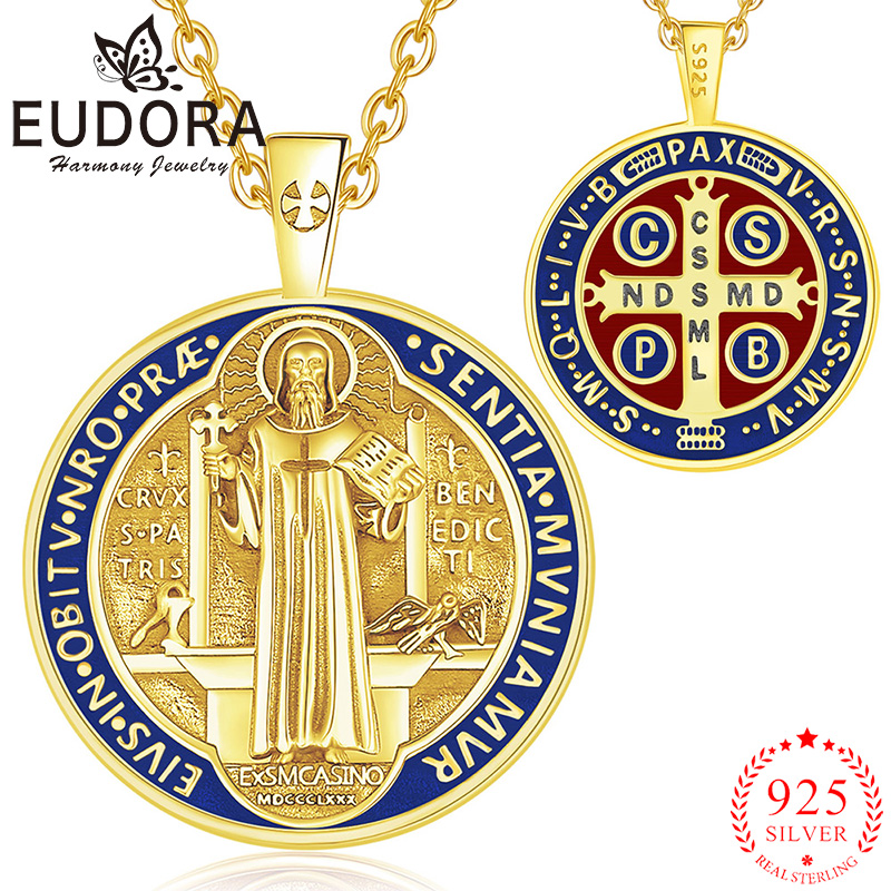 925 Sterling Silver Chain Necklace Men - Eudora 925 เงินสเตอร์ลิง Saint Benedict สร้อยคอ