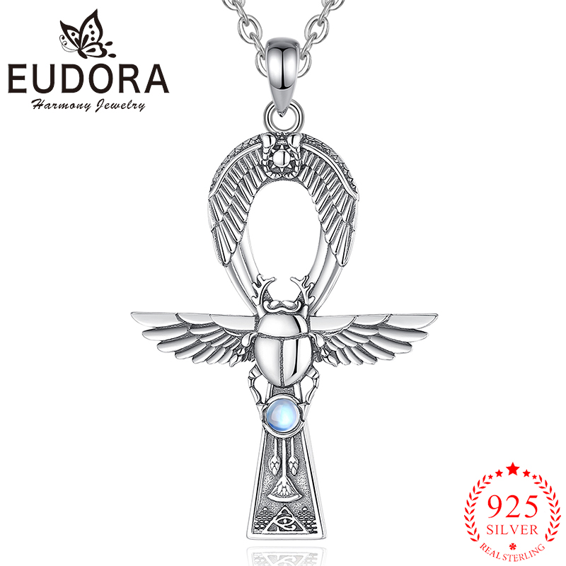 925 Sterling Silver Chain Necklace Men - Eudora 925เงินสเตอร์ลิงอียิปต์โบราณสร้อยคอขดยักษ์มูนสโตนจี้ Rune สำหรับผู้ชายผู้หญิงของขวัญเครื่องประดับที่มีลักษณะเฉพาะตัว
