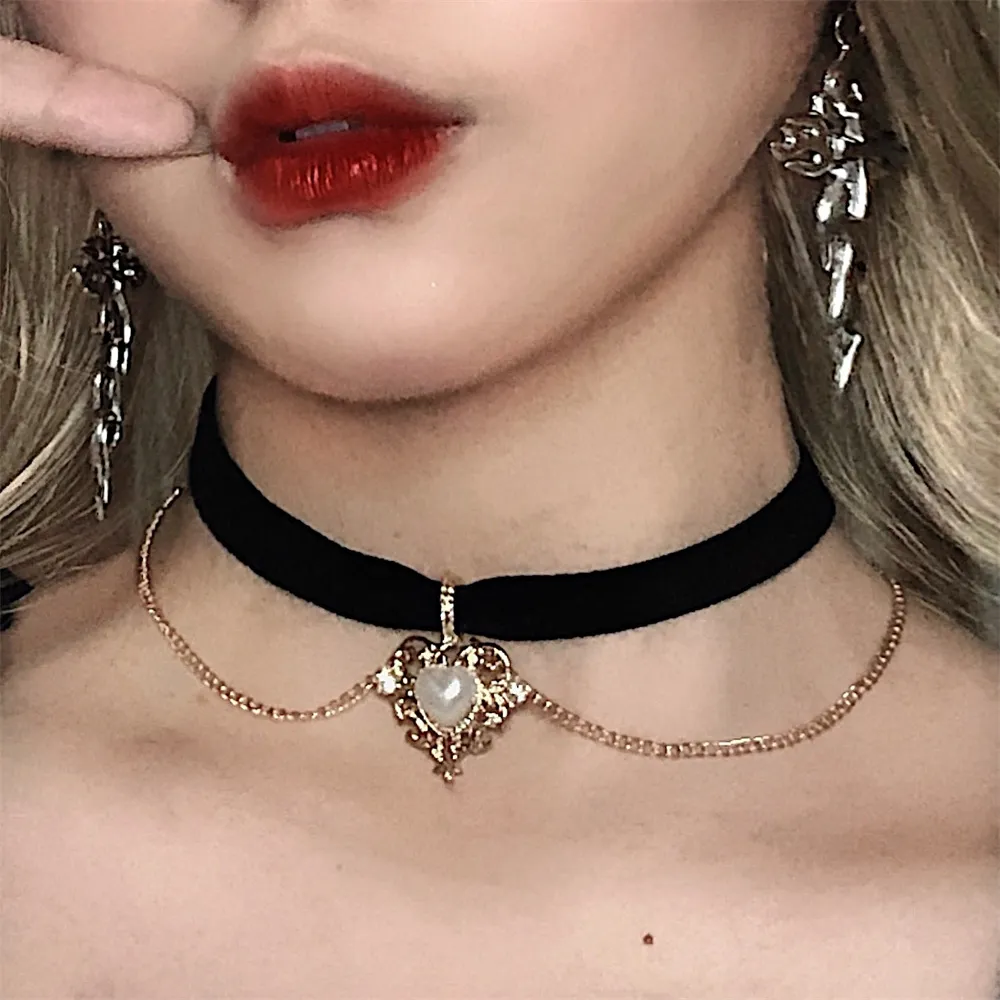 Pearl Choker Necklace Vintage - สร้อยคอโชกเกอร์โซ่กำมะหยี่แนววินเทจจี้ไข่มุกเทียมรูปหัวใจแบบกอธิคสร้อยคอสำหรับผู้หญิงเครื่องประดับสำหรับงานปาร์ตี้