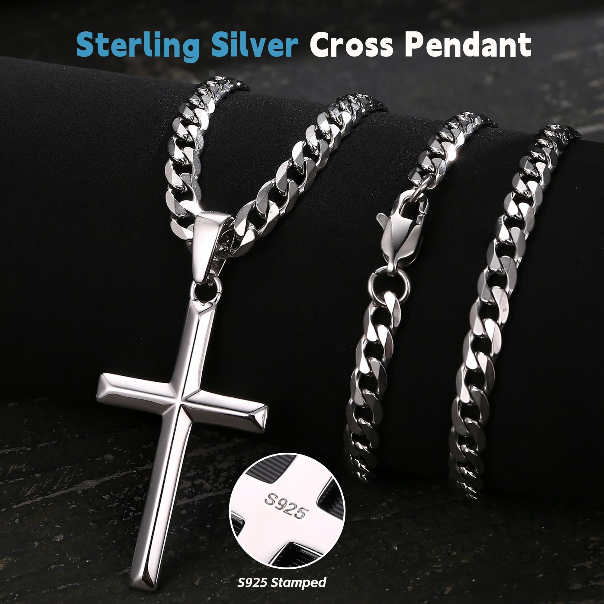 925 Sterling Silver Chain Necklace Men - สร้อยคอเงินแท้ 925 รูปไม้กางเขนสำหรับผู้ชายและผู้หญิง พร้อมสายสแตนเลสทนทาน จี้รูปไม้กางเขนสีเงิน ขนาด