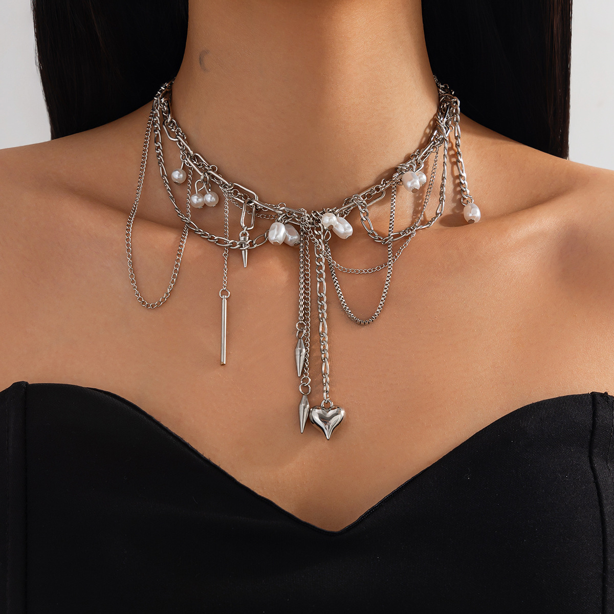 Pearl Choker Necklace Vintage - สร้อยคอไข่มุกเทียมวินเทจทรงไม่สมมาตร สไตล์พังก์โกธิคสุดหรูสำหรับผู้หญิง ประดับพู่ห้อยหลายชั้น รูปหัวใจ สร้อยคอแบบโชคเกอร์
