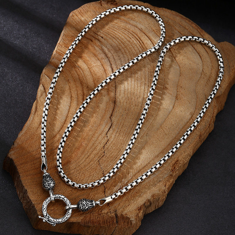 925 Sterling Silver Chain Necklace Men - OUYADI สร้อยคอเงินแท้ 925 สไตล์เรโทร พร้อมสายโซ่แบบกล่อง สำหรับผู้ชายและผู้หญิง