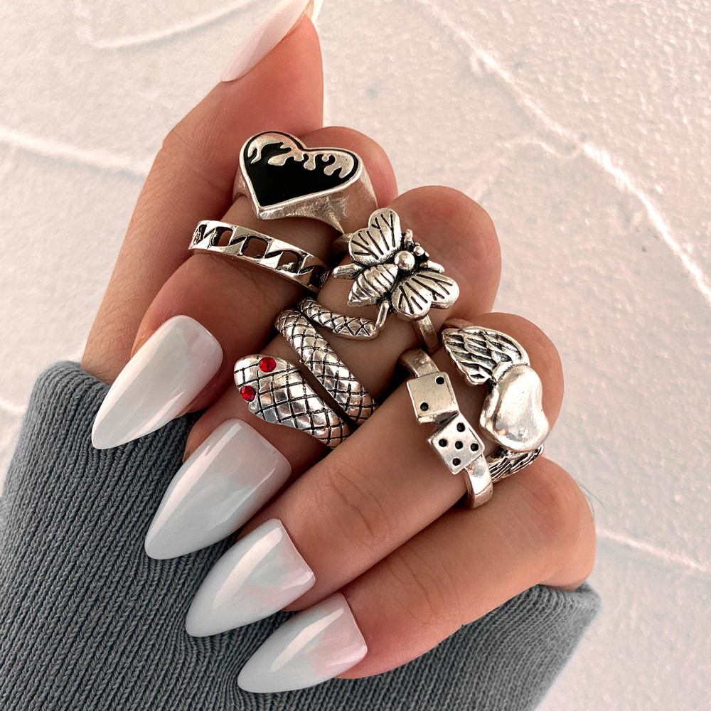 Vintage Punk Knuckle Rings Set - ชุดแหวนนิ้วลายงูสไตล์วินเทจ 6 ชิ้น สำหรับผู้หญิง แหวนปีกผีเสื้อสไตล์เรโทร สำหรับผู้ชาย