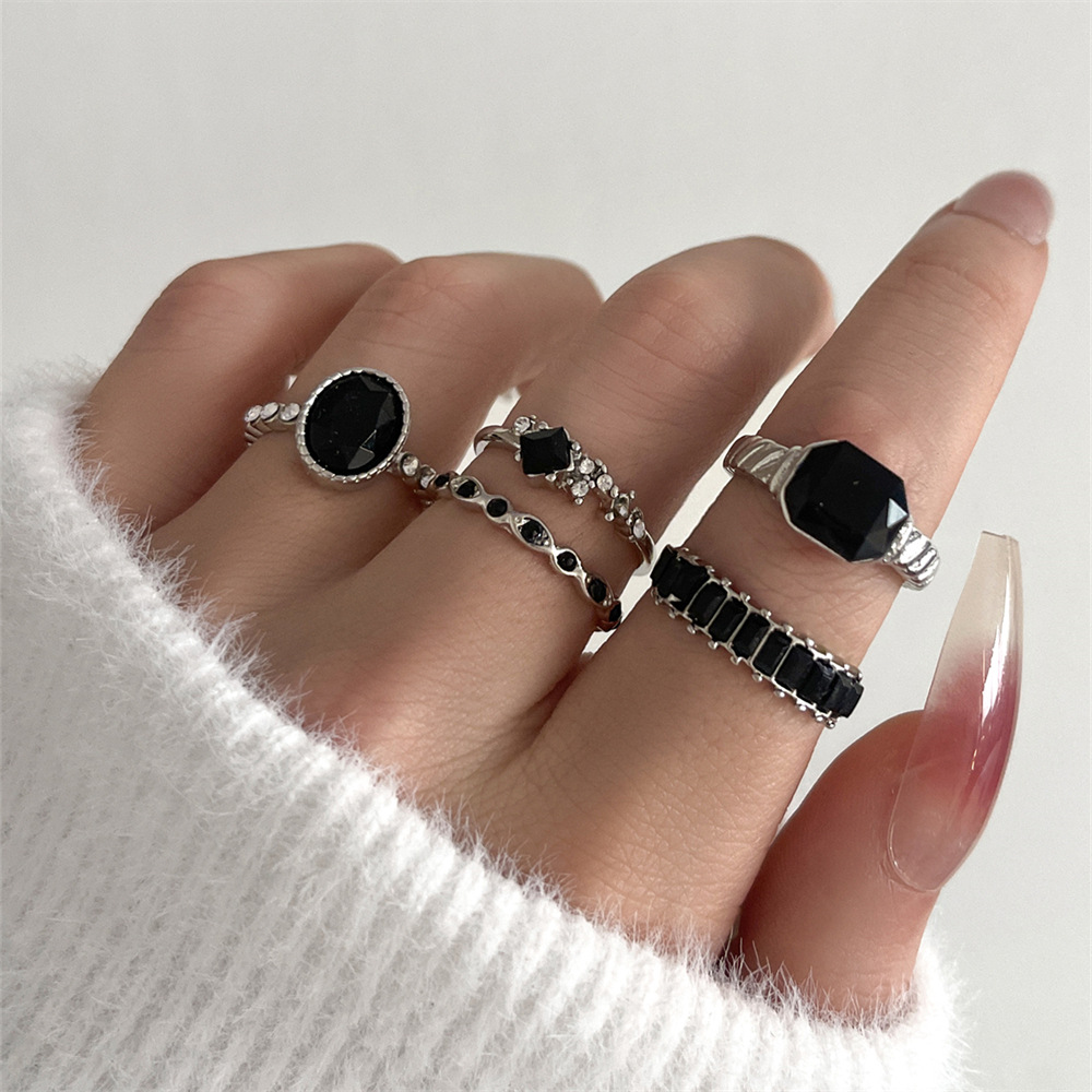 Vintage Punk Knuckle Rings Set - Retro คริสตัลสีดําชุดแหวนหินสําหรับผู้หญิง Vintage Geometric Knuckle แหวนหญิงแฟชั่นเครื่องประดับอุปกรณ์เสริม