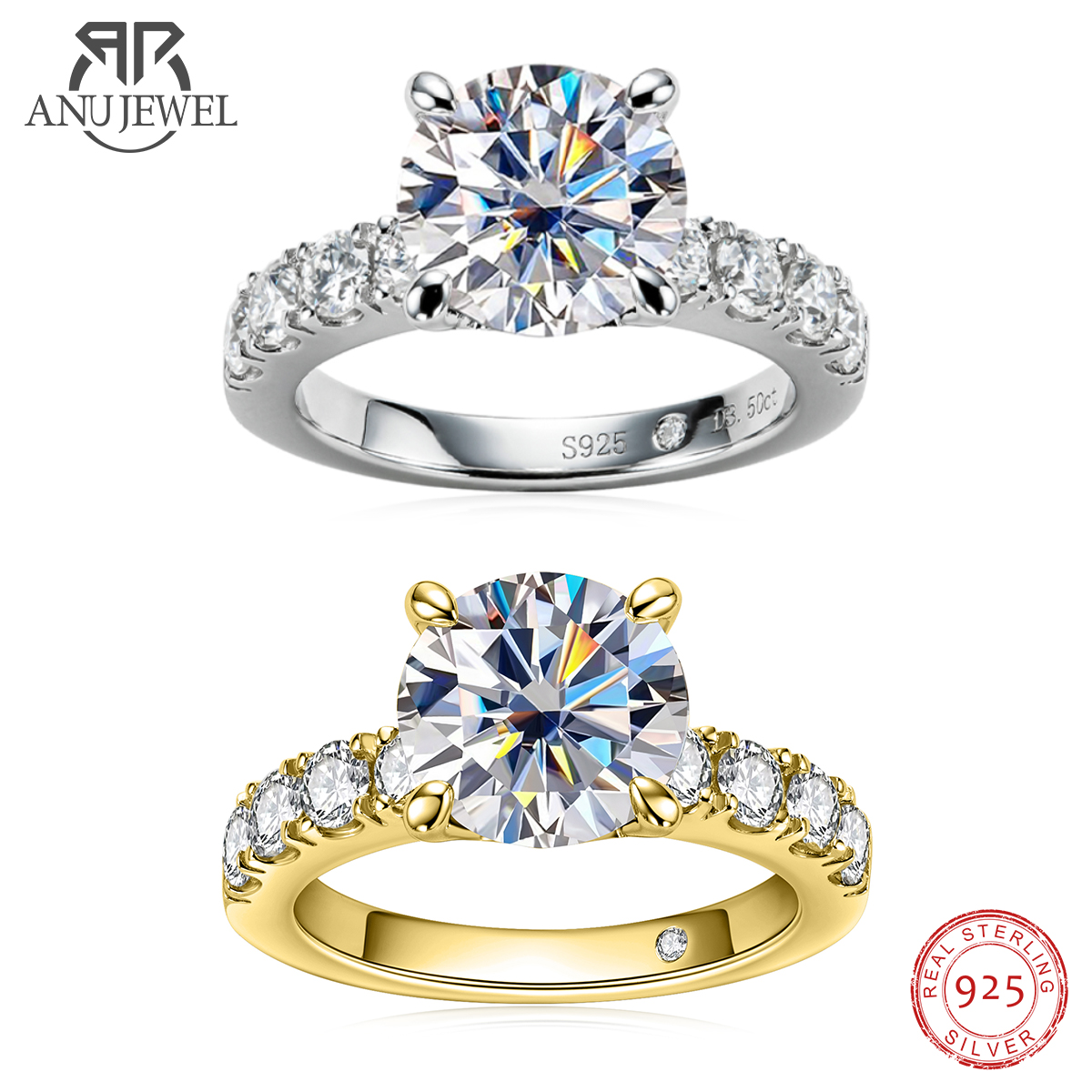 Moissanite Engagement Ring 1 Carat - AnuJewel 4.3cttw D Color Moissanite แหวนหมั้นเงินแท้