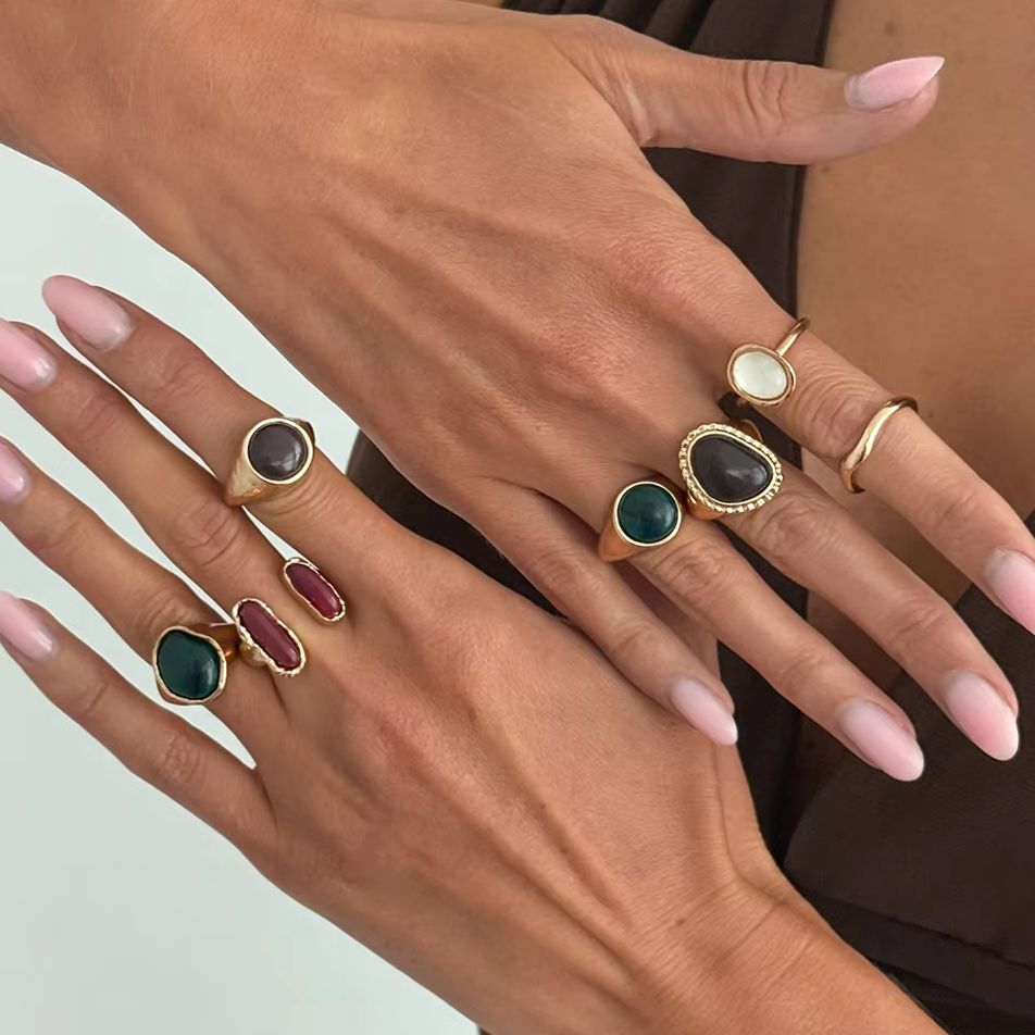 Vintage Punk Knuckle Rings Set - IngeSight.Z ชุด 7 ชิ้น/เซ็ต แหวนสไตล์พังก์ฝังเรซินอะคริลิกหลากสี แหวนนิ้วสำหรับผู้หญิง