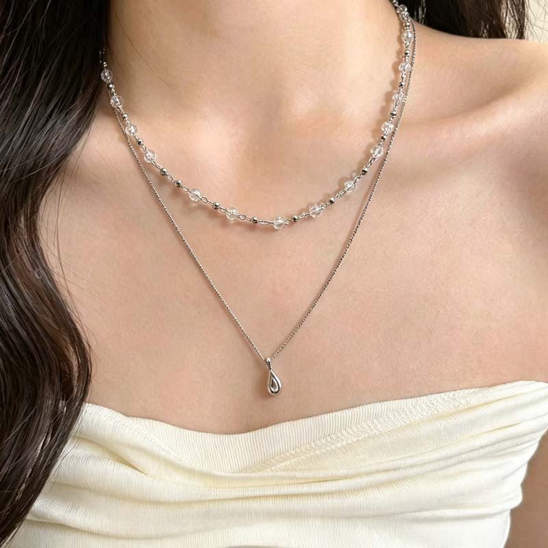 Layered Pendant Necklace Aesthetic - แฟชั่นใหม่จี้หยดน้ำสองชั้นสร้อยคอคริสตัลใสสำหรับผู้หญิงเครื่องประดับคอสวยงาม