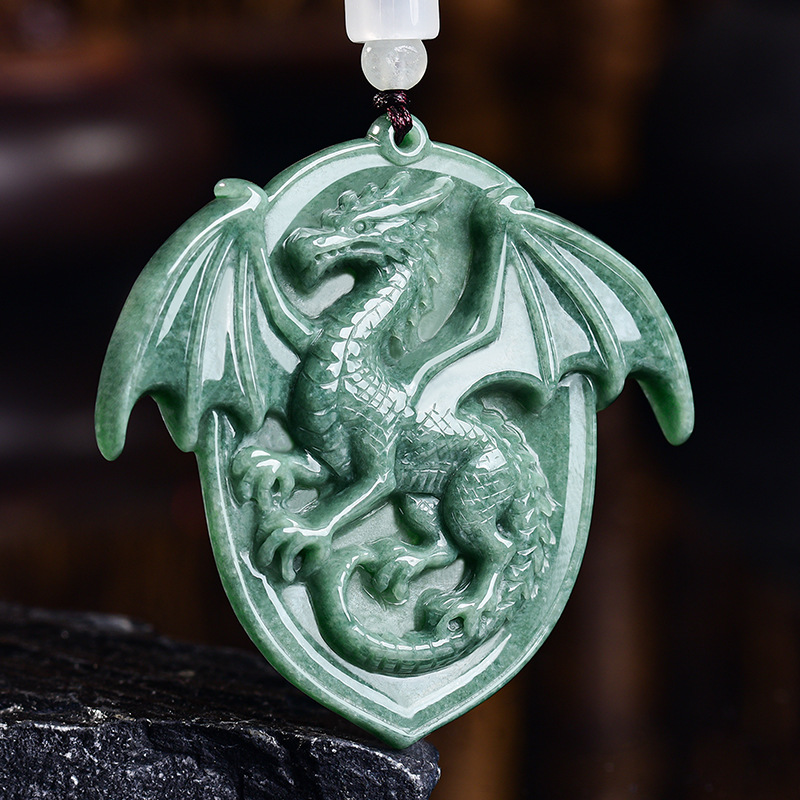 Necklaces - หยกพม่าธรรมชาติ จี้รูปมังกร สร้อยคอ แกะสลักจากอัญมณี ของที่ระลึกโบราณ หรูหรา