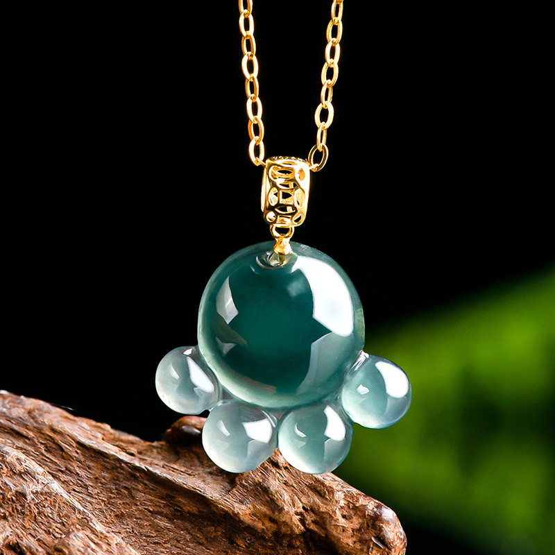 Necklaces - จี้หยกน้ำเงินธรรมชาติรูปอุ้งเท้าแมว สร้อยคอหยกแกะสลัก เครื่องประดับแฟชั่น ของขวัญพร้อมใบรับรองสำหรับผู้หญิง