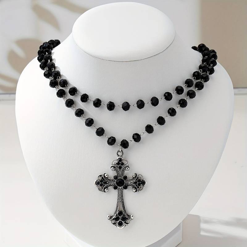 Layered Pendant Necklace Aesthetic - สร้อยคอครอสแบบเลเยอร์สไตล์ Y2K กรันจ์ กอธิค - สร้อยคอแบบสองเส้นประดับลูกปัดสีดำพร้อมจี้รูปกางเขน