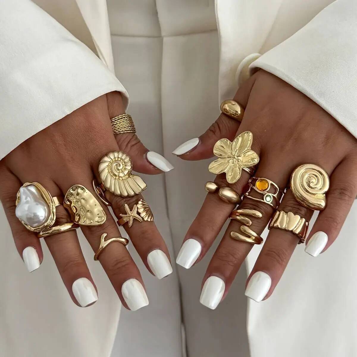Vintage Punk Knuckle Rings Set - แหวนฮิปฮอป IngeSight.Z ชุด 14 ชิ้น/เซ็ต แหวนรูปดอกไม้และเปลือกหอย