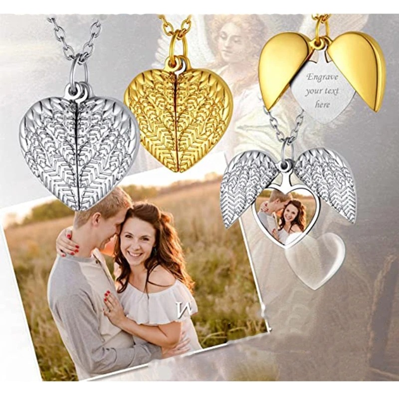 Heart Locket Necklace Photo - สร้อยคอจี้รูปหัวใจใส่รูปภาพส่วนตัว สร้อยคอจี้ปีกนางฟ้าพร้อมข้อความส่วนตัว สร้อยคอจี้ชื่อสั่งทำได้ ของขวัญเครื่องประดับสำหรับผู้ชายและผู้หญิง