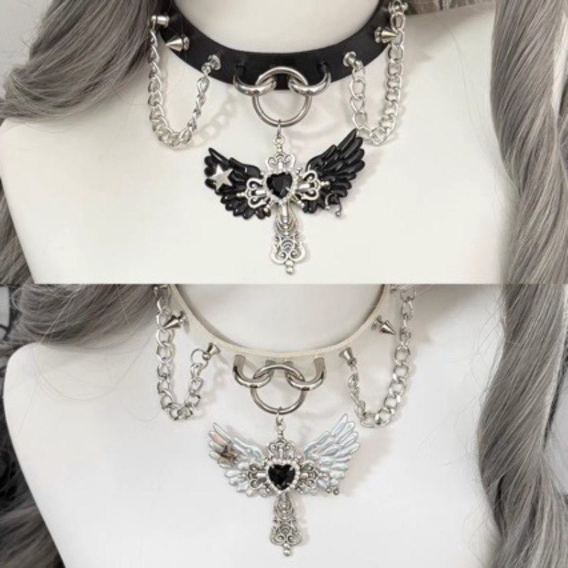 Layered Pendant Necklace Aesthetic - สร้อยคอจี้รูปปีกนางฟ้าสไตล์กอธิคสำหรับผู้หญิง สร้อยคอแบบเลเยอร์สไตล์วินเทจ Y2K พังก์ สร้อยคอโชคเกอร์สวยงาม