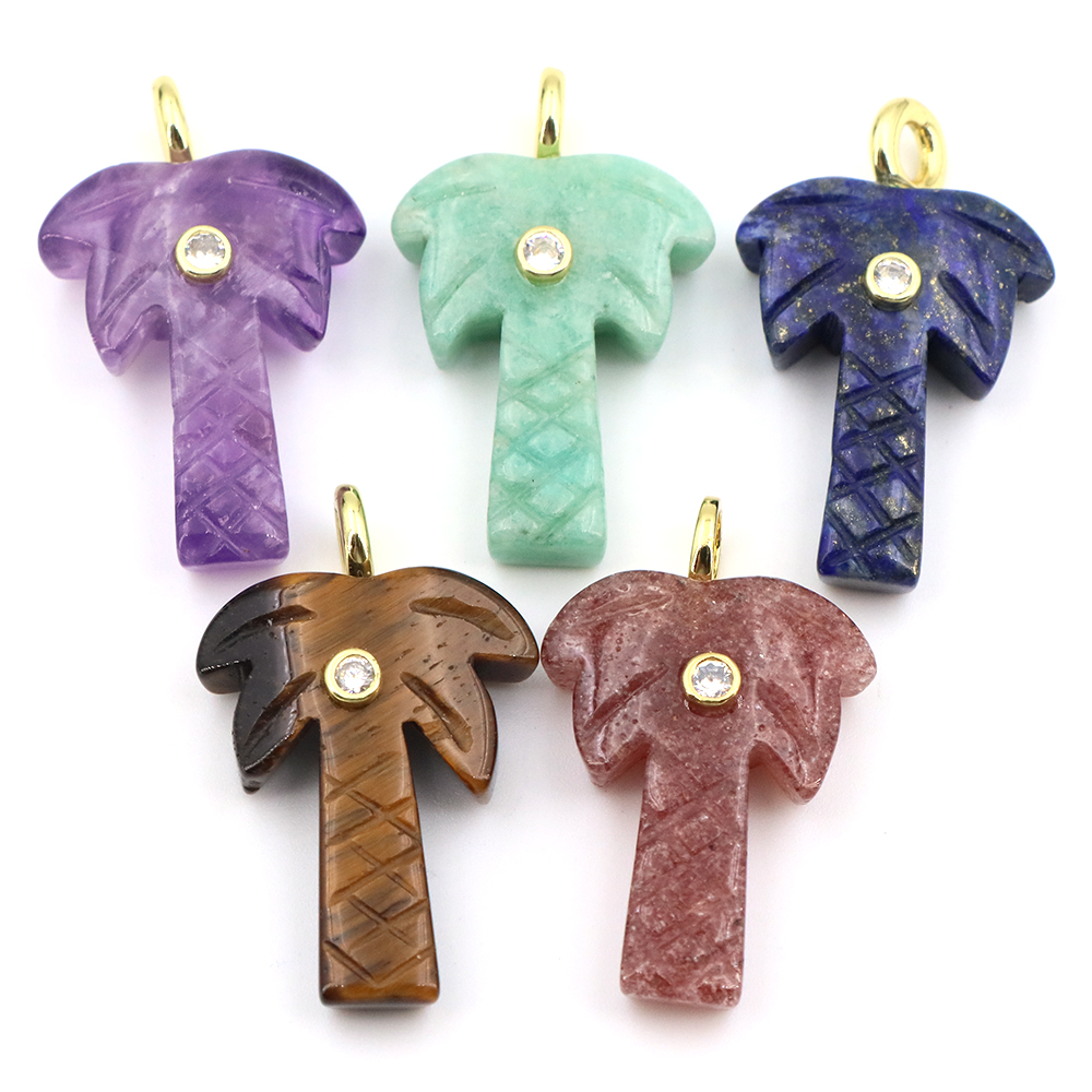 Crystal Pendant Necklace Natural Stone - จี้รูปต้นมะพร้าวหินธรรมชาติขนาด 30 มม. ประดับคริสตัลเพทายสีขาว แกะสลักรูปต้นปาล์ม สำหรับทำเครื่องประดับ