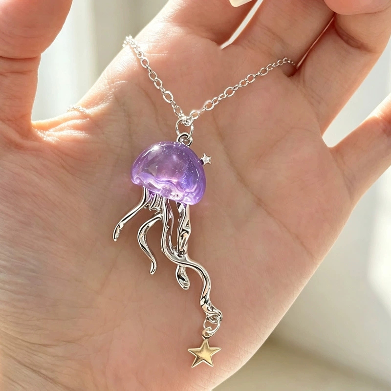 Layered Pendant Necklace Aesthetic - สร้อยคอโชคเกอร์สองชั้นลายแมงกะพรุนสีม่วงน่ารัก พร้อมจี้รูปดาวทะเล ชุดเครื่องประดับสไตล์ฮาราจูกุ Y2K สำหรับผู้หญิง