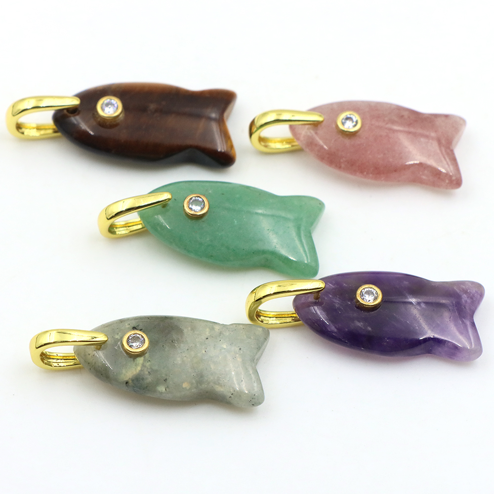 Crystal Pendant Necklace Natural Stone - จี้หินธรรมชาติรูปปลาขนาด 26 มม. ฝังคริสตัลเซอร์คอน สำหรับทำสร้อยคอ ต่างหู