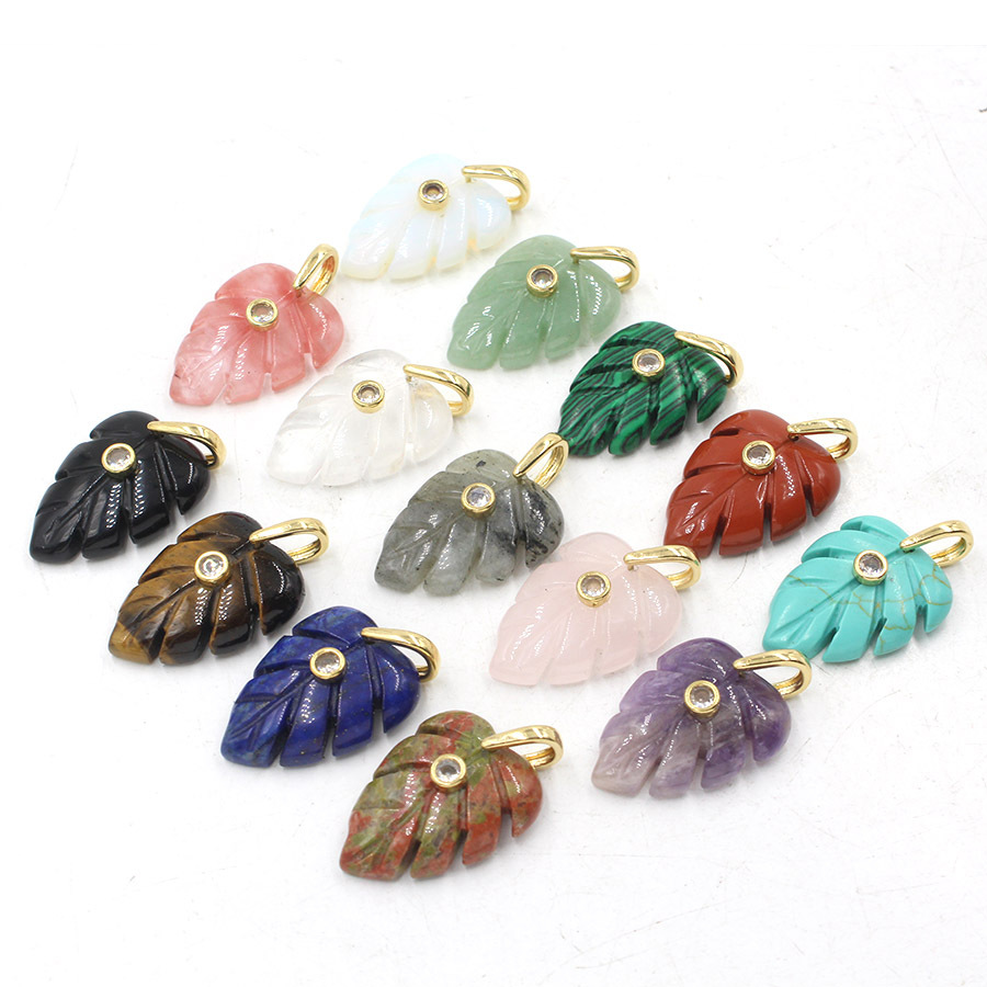Crystal Pendant Necklace Natural Stone - จี้คริสตัลรูปใบไม้สำหรับการบำบัดตามธรรมชาติ พร้อมด้วยจี้หินเซอร์คอนธรรมชาติสำหรับทำเครื่องประดับ DIY สร้อยคอ อุปกรณ์เสริมพลังงานจากอัญมณี
