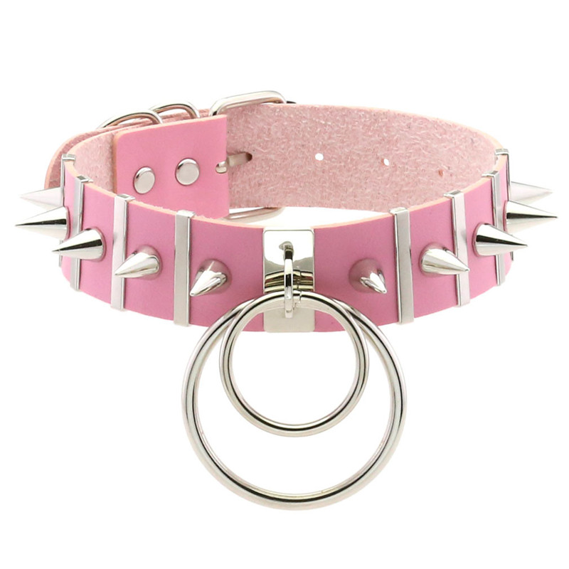 Goth Punk Spike Choker - สีชมพูBondage Spike ChokerคอPunkหัวใจรอบGothคอเข็มขัดสร้อยคอPuหนังCosplay Club Partyเทศกาลเครื่องประดับ