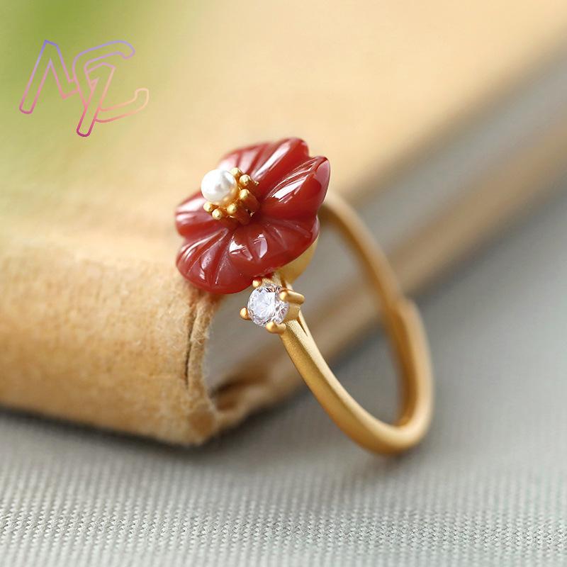 แหวนหยกธรรมชาติสีแดงรูปดอกไม้  - Rings บทวิจารณ์และราคา