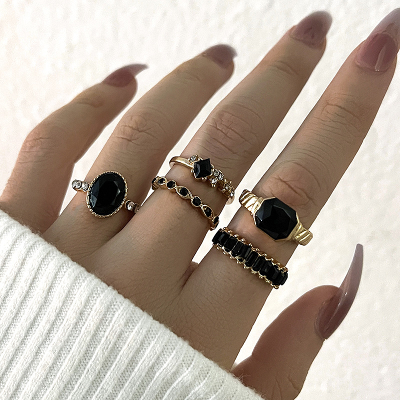 Retro คริสตัลสีดําชุดแหวนหินสํ - Vintage Punk Knuckle Rings Set บทวิจารณ์และราคา